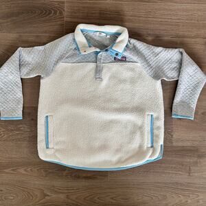 Vineyard Vines Fleece Pullover Quilted Snaps Womem Medium Gray Cream Preppy